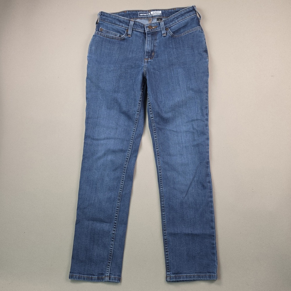 Carhartt Womens Relaxed Fit Jeans Size 4 Short Medium Wash Blue Denim Stretch